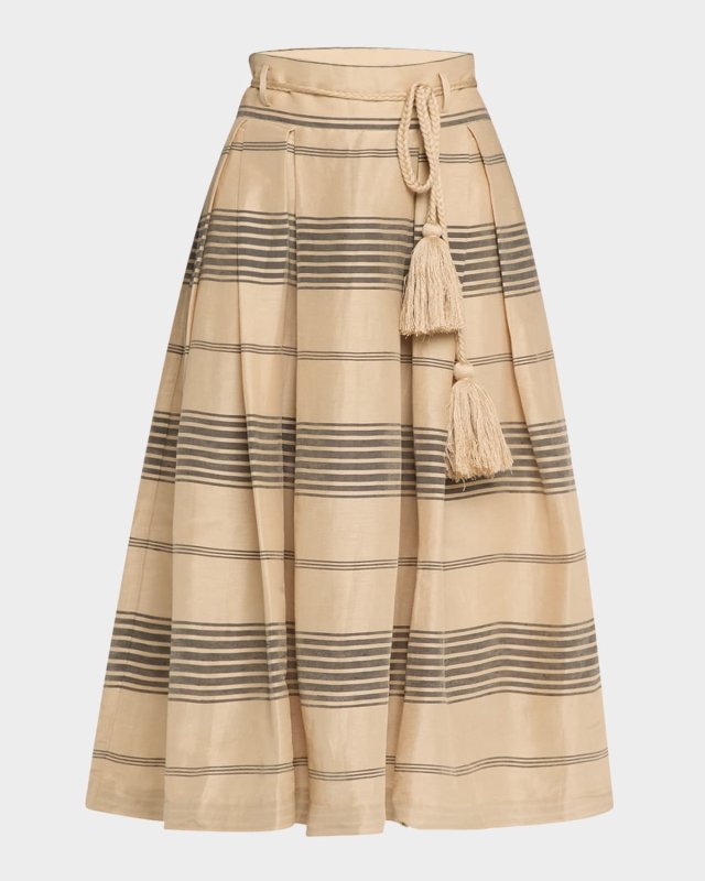 Albidea Belted Pleated Linen Silk Midi Skirt